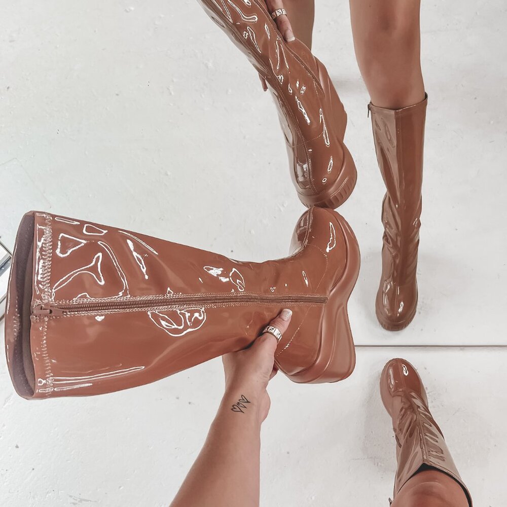 COPY - AMAZING LACE Brown Patent Below The Knee Platform Boots
